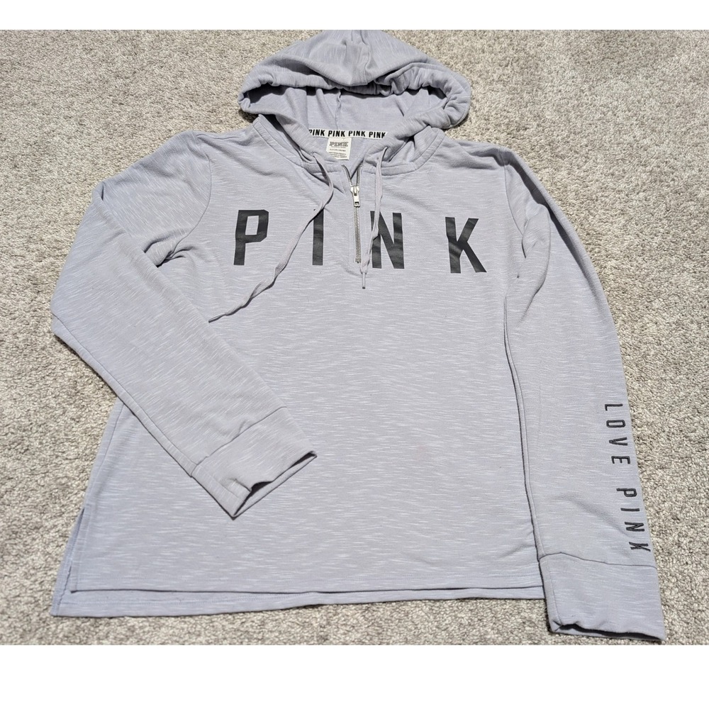 PINK Victoria's Secret Hoodie Womens Small Purple 1/4 Zip Knit Logo‎ Pullover